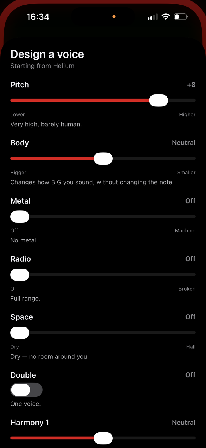 Design a voice: pitch, body, metal, radio, space, double and harmony